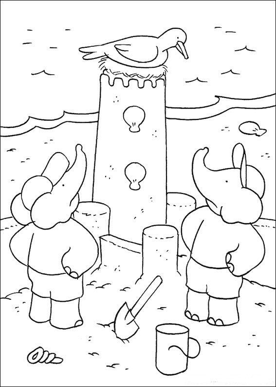 coloriage babar sur un chateau de sable